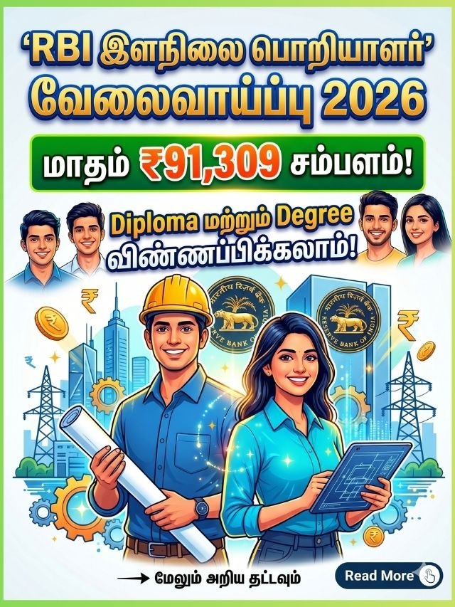 டிகிரி படித்தவர்களுக்கான RBI இளநிலை பொறியாளர் வேலைவாய்ப்பு 2026 போஸ்டர், மாதம் ரூ.91,309 சம்பளத்துடன்.