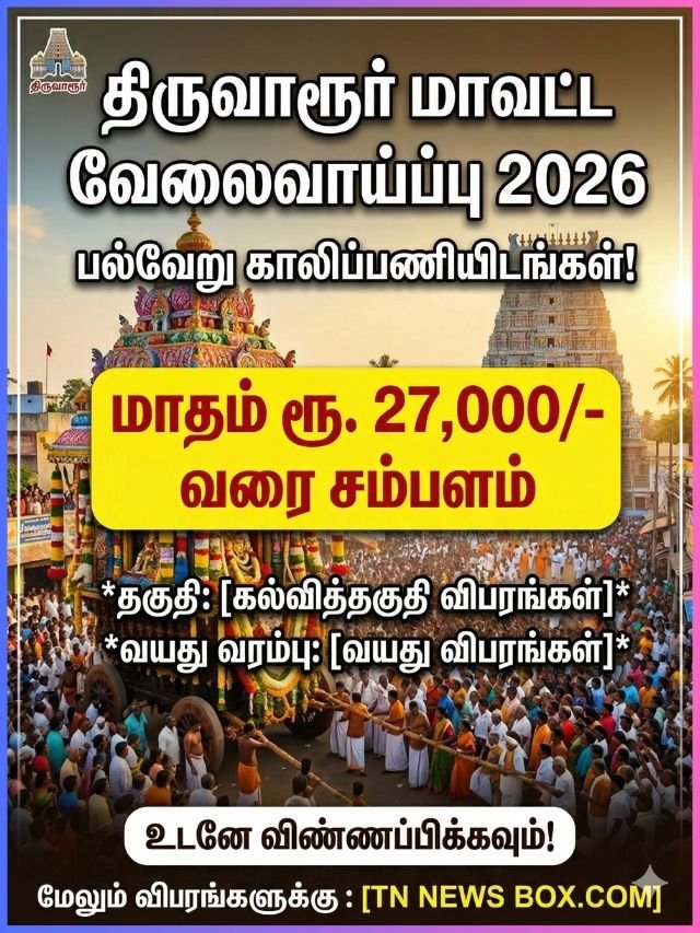 திருவாரூர் மாவட்ட வேலைவாய்ப்பு 2026 அறிவிப்பு போஸ்டர் - மாதம் ரூ. 27,000 சம்பளம் மற்றும் தகுதி விவரங்கள்