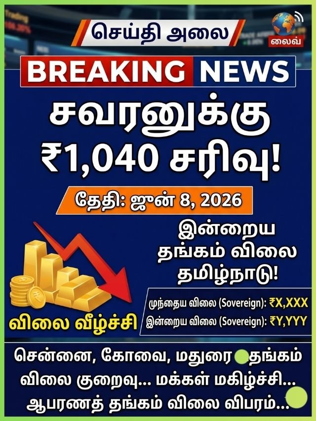 தமிழ்நாட்டில் தங்கம் விலை சவரனுக்கு ரூ.1,040 சரிவு - இன்றைய தங்கம் விலை நிலவரம் ஜூன் 8, 2026